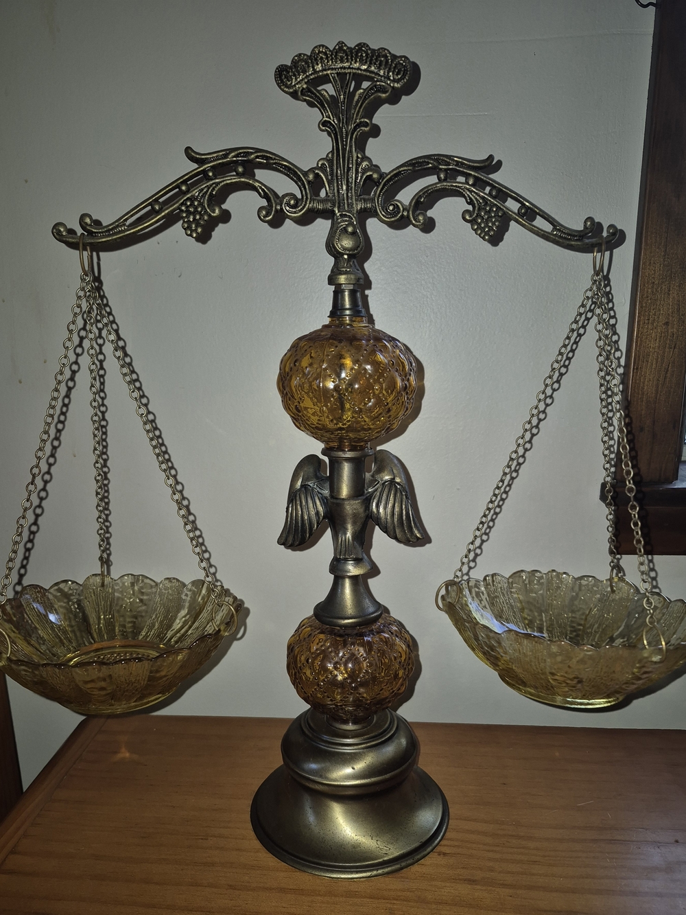 Amber Glass and Antique Brass Scales Of Justice Decorative Accent
